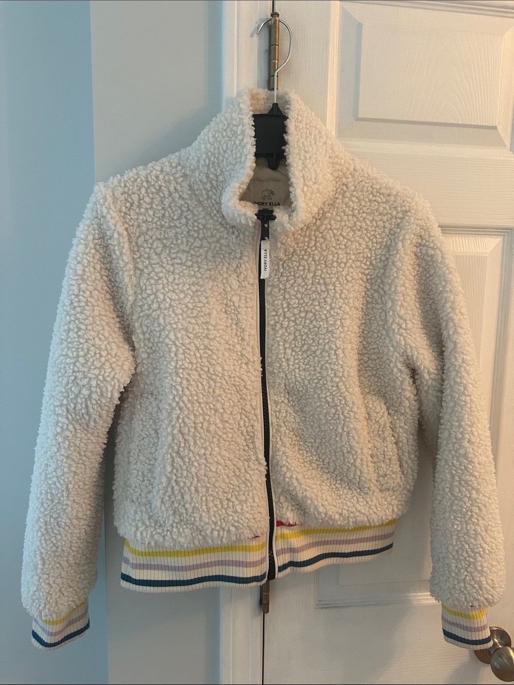 Ivory Ella Sherpa Style Zip Jacket in Cream with Stripe Trim - Women’s Small